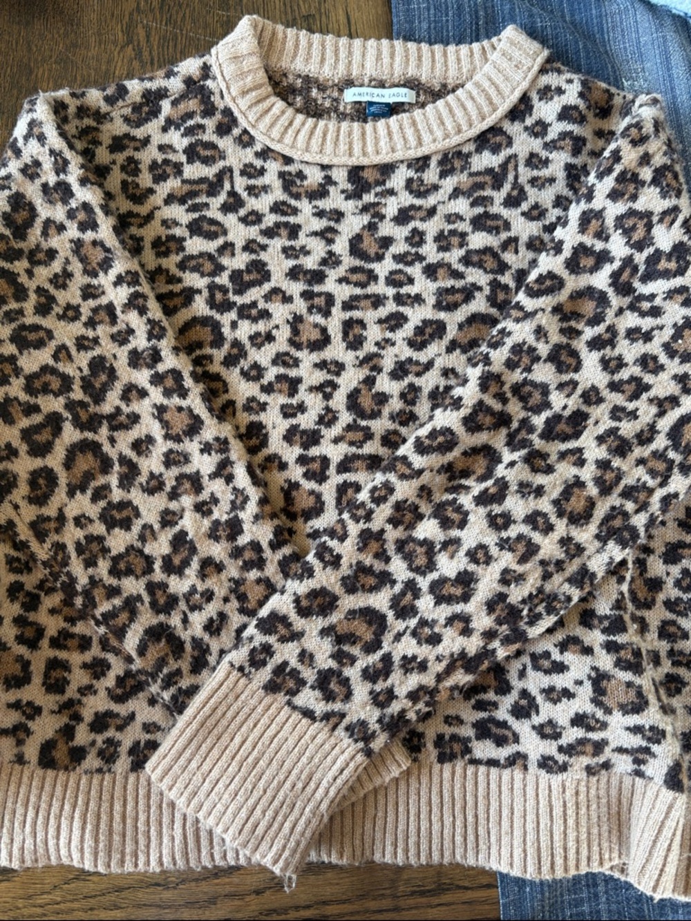 American Eagle Outfitters Tan & Brown Leopard Crewneck Sweater